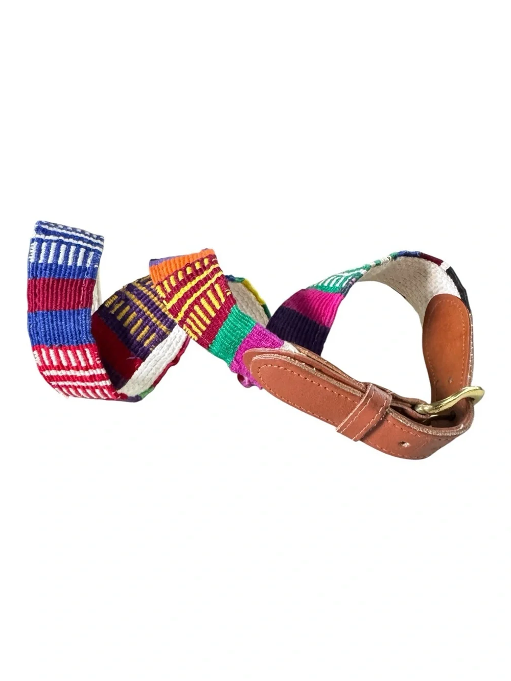 Vintage Guatemalan Woven Textile Leather Belt Sz 33 Multicolor Boho Southwestern